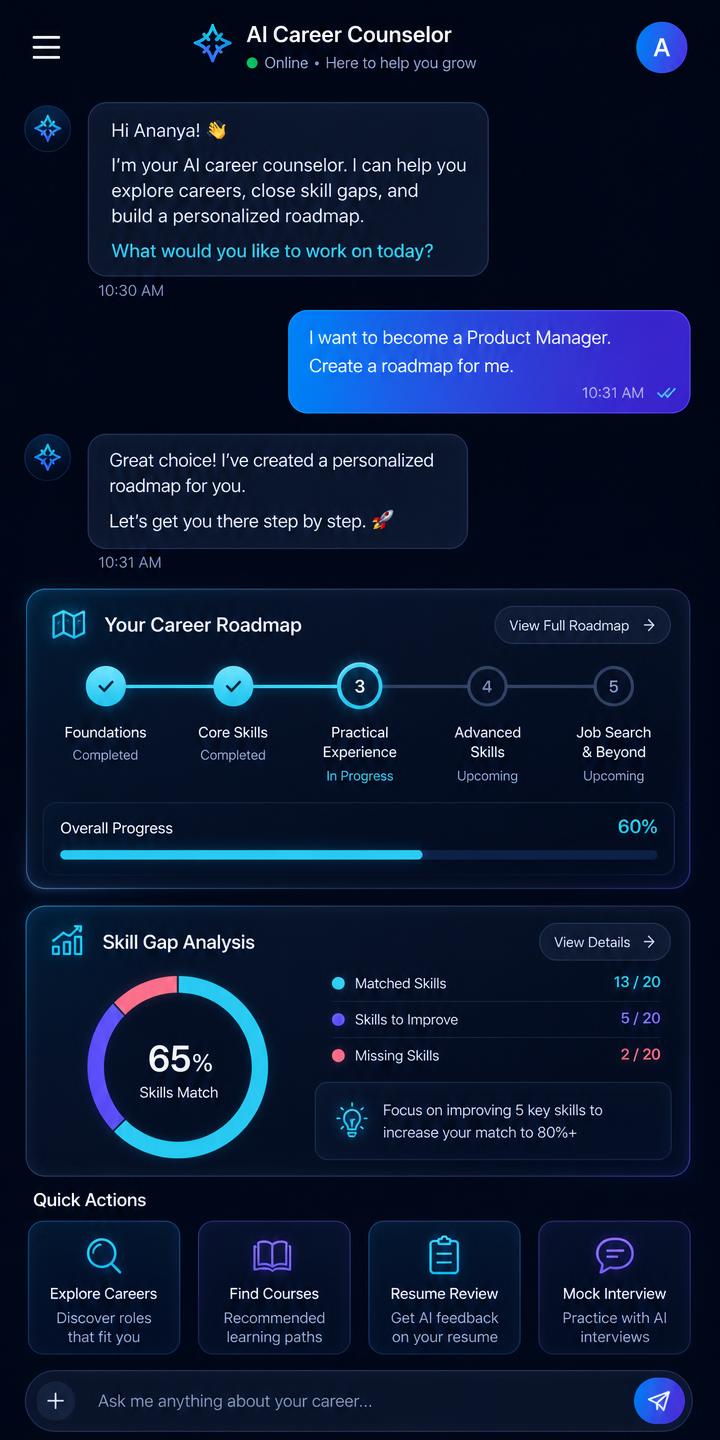 AI Career Counselor chat screen in the CollegeNearby app