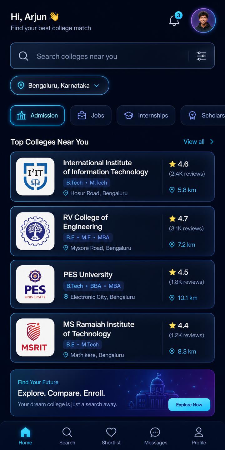 CollegeNearby app home screen showing colleges near the student